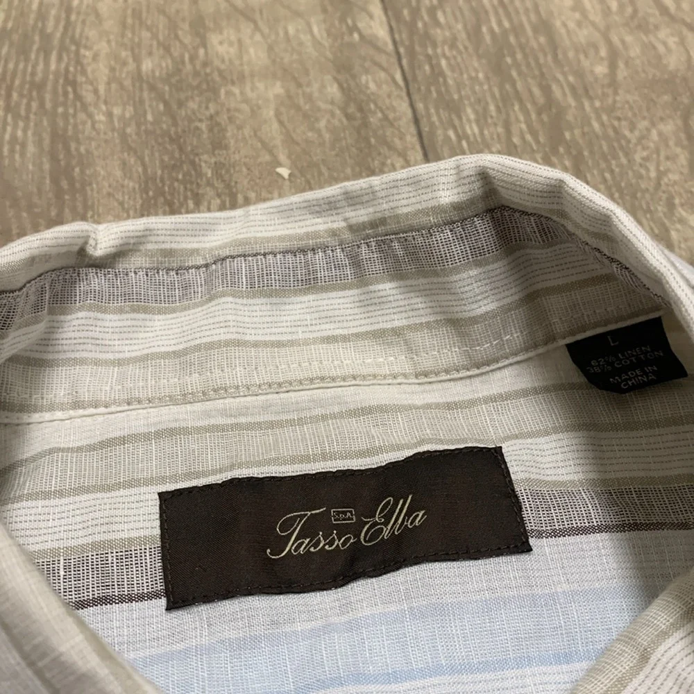 Mens Tasso Elba Linen Blend Button Down Stripe Pocket Shirt - Picture 6 of 6